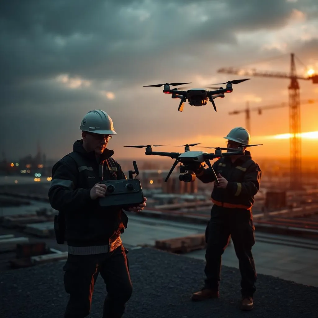 Enterprise drone survey team on site at dusk
